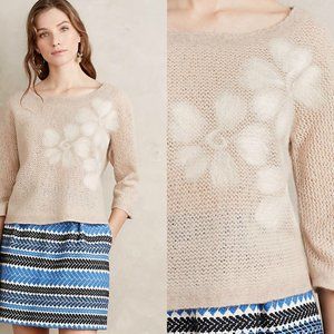 Anthropologie Snowblossom Pullover Sweater Beige with Felted Cream Flowers NEW